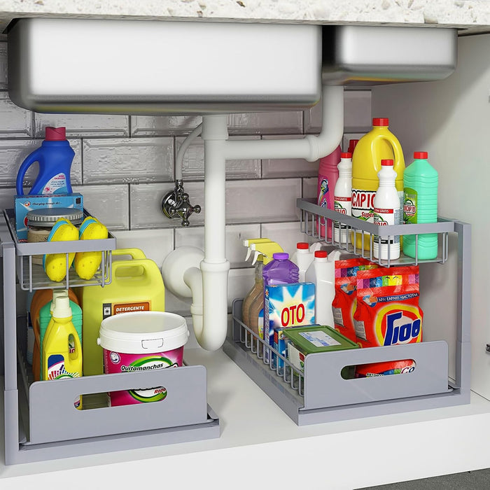 REALINN Under Sink Organizer, Pull Out Cabinet Organizer 2 Tier Slide Out Sink Shelf Cabinet Storage Shelves, Storage for Kitchen Bathroom, White, 2 Pack