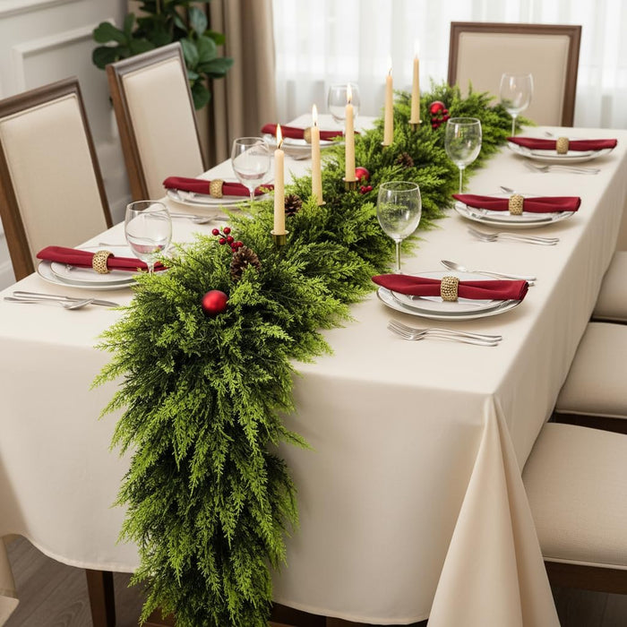 2 Pcs 6 FT Christmas Cedar Garland, Real Touch Soft & Thickness Greenery Pine Garland for Mantle Table Fireplace Outdoor Indoor Christmas Decorcorations