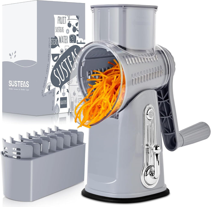 SUSTEAS Rotary Cheese Grater with Handle - Vegetable Shredder with 5 Well-designed Blades & Strong Suction Base,Round Mandoline Slicer & Food Chopper for Kitchen,with Blade Storage Box(Retro Green)