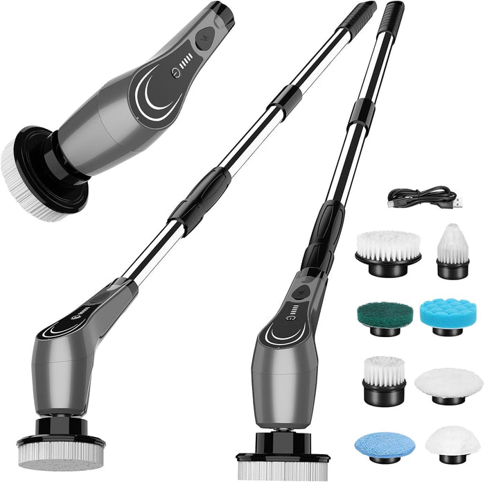 White Electric Spin Scrubber, Cordless Spin Scrubber with 8 Replaceable Brush Heads, Electric Scrub Brush with Adjustable Extension Handle, Electric Cleaning Brush for Bathroom, Tile and Bathtub