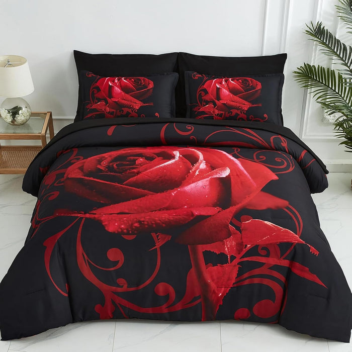 Xruibed Floral Comforter Set Queen 7 Piece Bed in a Bag Purple Rose Flower Comforter with Sheet Set Soft Micorfiber Bedding Set (1 Comforter,2 Pillow Shams,1 Flat Sheet,1 Fitted Sheet,2 Pillowcases)