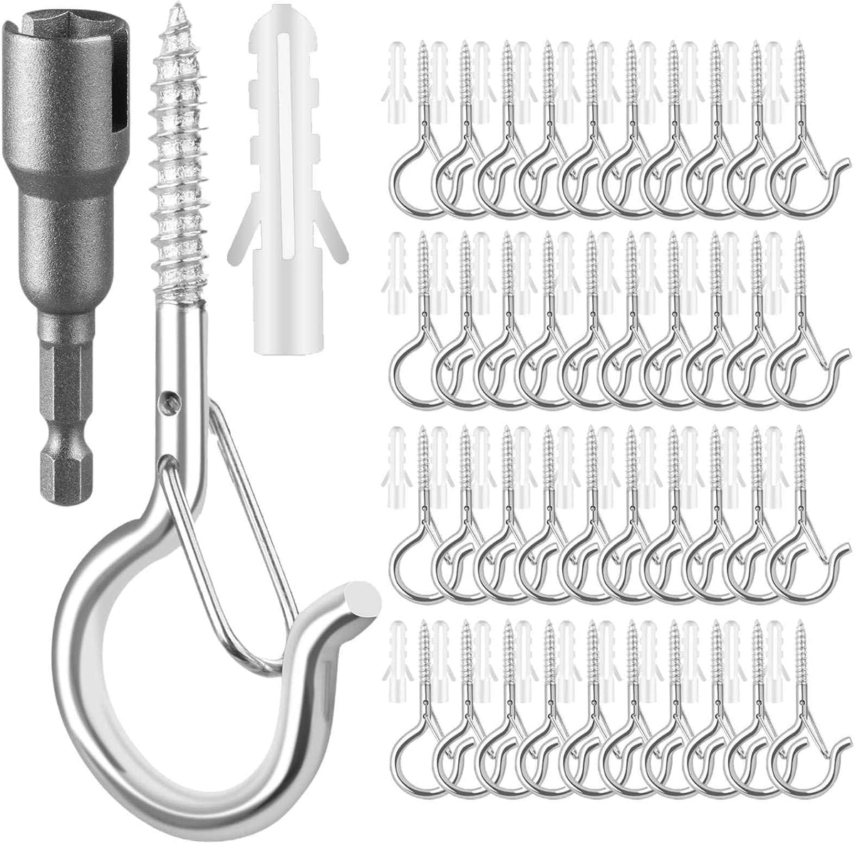 36 PCS Q-Hanger Hooks with Safety Buckle, Windproof Screw Hooks for Outdoor String Lights Hanging Christmas Lights, Plants, with 1 Wing Nut Driver