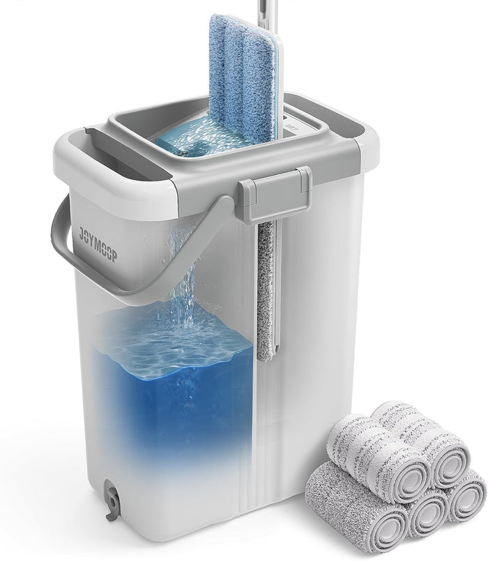 JOYMOOP Mop and Bucket with Wringer Set for Home, Flat Mop and Bucket System, Mops for Floor Cleaning and Wall Cleaner, with 3 Reusable Microfiber Mop Pads