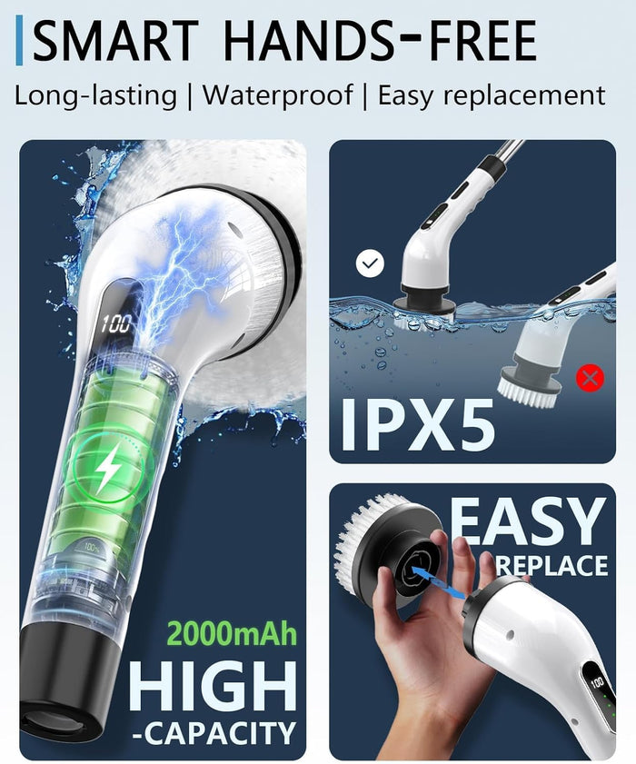 Electric Spin Scrubber Cordless - 3 Speed Rechargeable, Adjustable & Detachable Handle, 9 in 1 Brush Heads Power Scrub Brushes for Cleaning Supplies Shower Bathroom Tub Kitchen Tile Floor