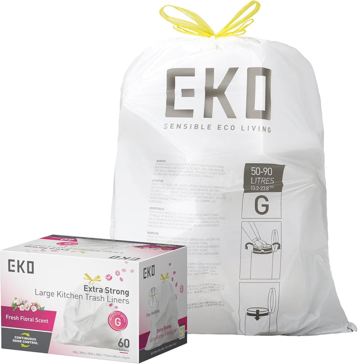 EKO 12.9 Gallon / 45-49 Liter, 110 Count Drawstring Trash Bags, Extra-Strong Unscented Garbage Bags, Easy-Dispense Roll for Kitchen & Household Use, Resists Tears, Leaks and Punctures, Code J, White