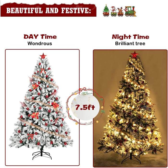 Bonnlo 7.5 ft Unlit Snow Flocked Hinged Artificial Christmas Pine Tree Full 1450 Tips Branch w/Sturdy Metal Stand for Holiday Xmas Indoor and Outdoor Decoration