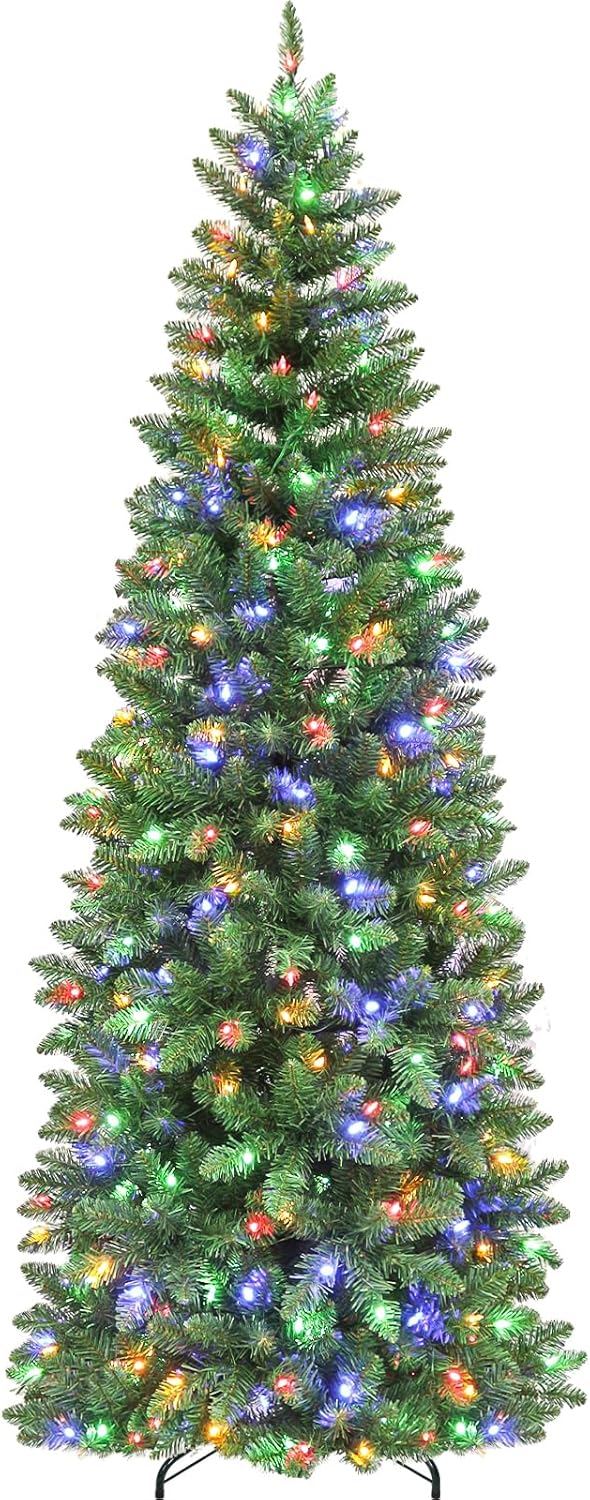 Hykolity 7.5 ft Prelit Artificial Pencil Slim Christmas Pine Tree with 792 PVC Branch Tips, 300 Warm White LED Lights, Metal Stand and Hinged Branches, Perfect for Home, Decoration