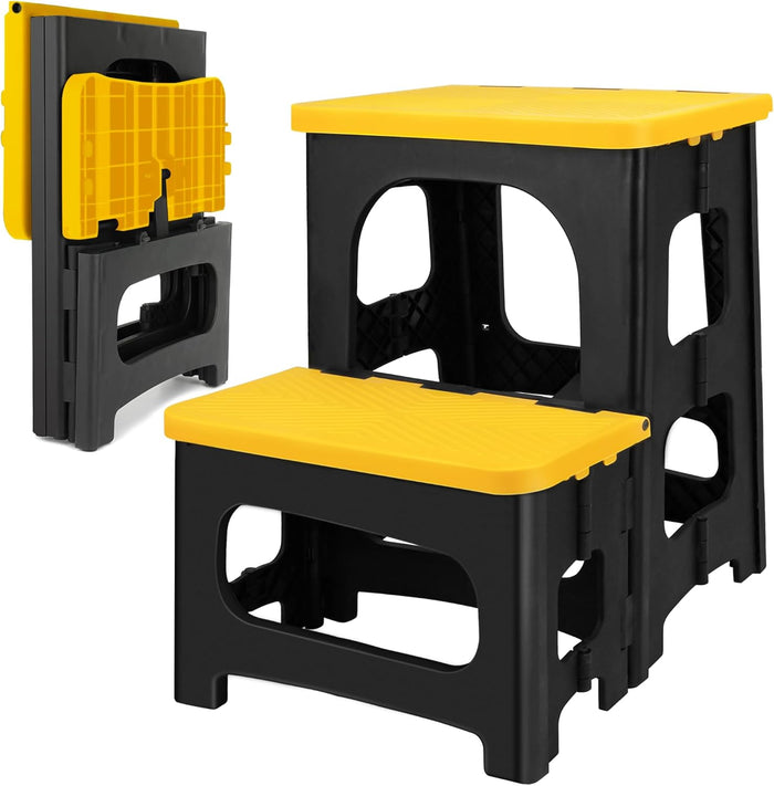 Amoise Folding 2-Step Stool, Non-Slip Portable Footstool 8'' & 17'' Dual Heights, Holds 300 lbs, Portable Footstool for Kitchen Home Toilet Bedroom Office Bathroom RV(Black)