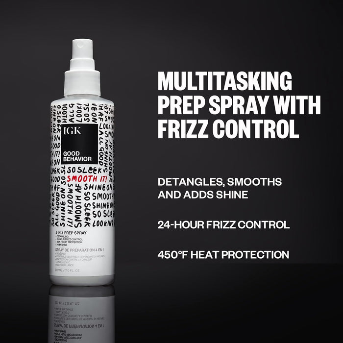 IGK GOOD BEHAVIOR 4-in-1 Prep Spray | Leave In + Detangle + Heat Protectant | Vegan + Cruelty Free |