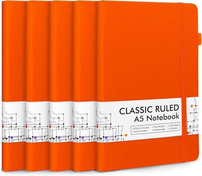feela 5 Pack Notebooks Journals Bulk, Hardcover Classic Ruled Lined Journals with Pen Holder for Women Girls School Business Supplies, with 5 Black Pens, 120 GSM, 5.1”x8.3”, A5, Mild Colors