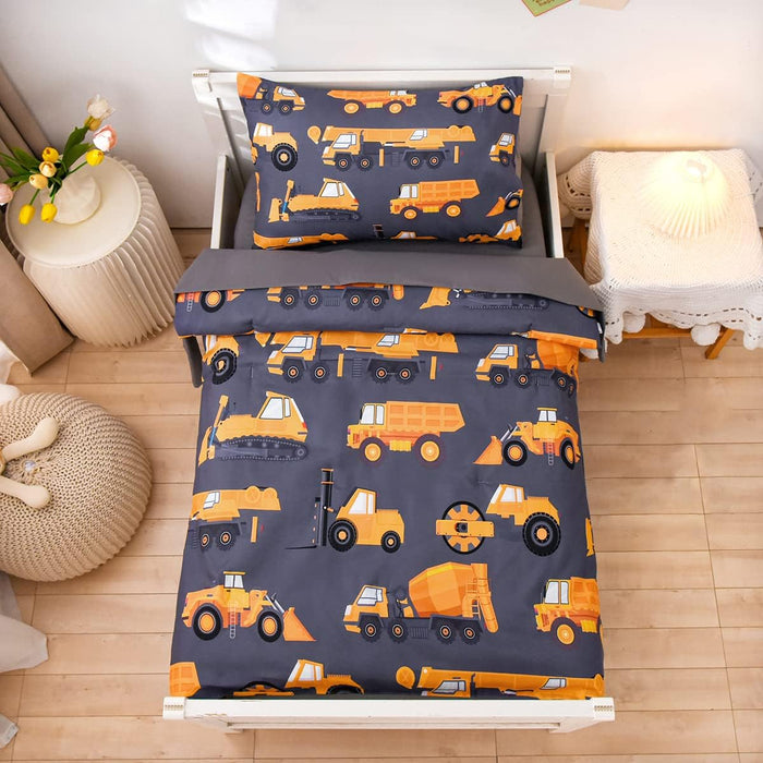 NTBED 4 Pieces Construction Toddler Bedding Set for Baby Boys,Tree Truck Vehicles Excavator Cars Printed, Includes Comforter, Flat Sheet, Fitted Sheet and Pillowcase,Light Grey
