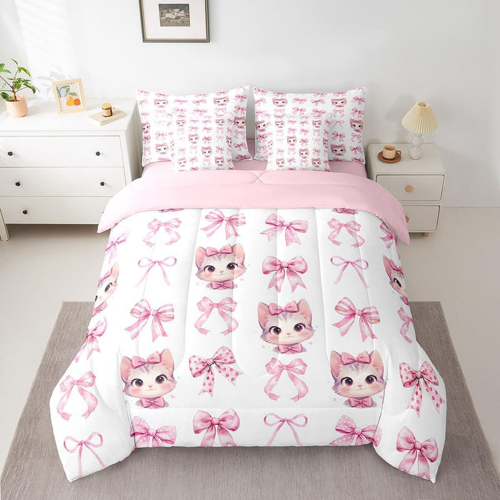 Feelyou Pink Bow Bed Set for Kids Boys Girls Full Size Cute Dreamy Princess Style 7 Pieces Beeding Set Ultra Soft Bow Pattern Bed in a Bag with Comforter, Sheets, Pillowcases Bowknot Room Decor