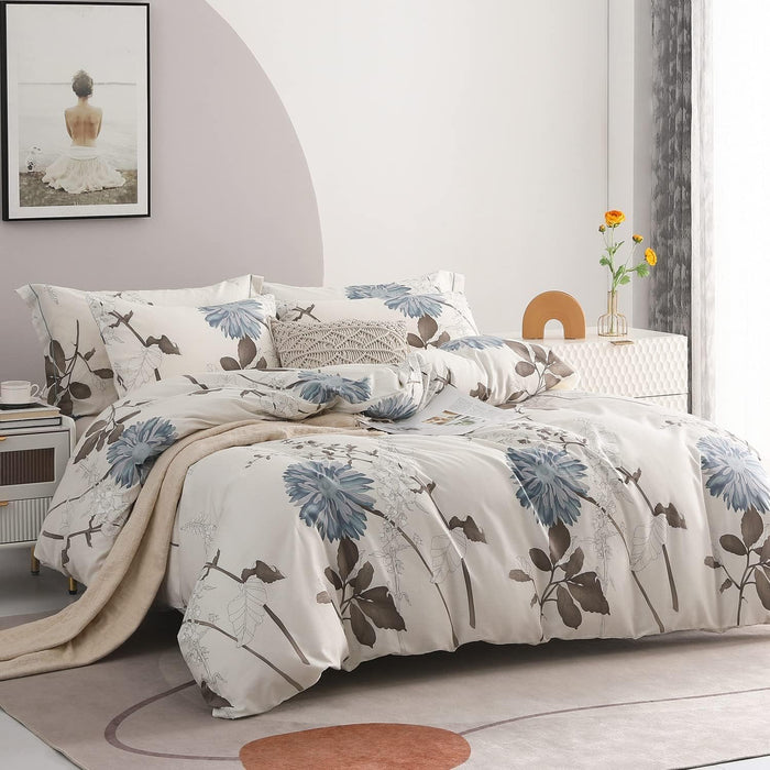 SLEEPBELLA Cotton King Size Comforter, 600 Thread Count Cotton Brown Branches and Blue Flowers Off-White Comforter Sets, Down Alternative Bedding Set 3Pcs(King, Off-White Botanical)