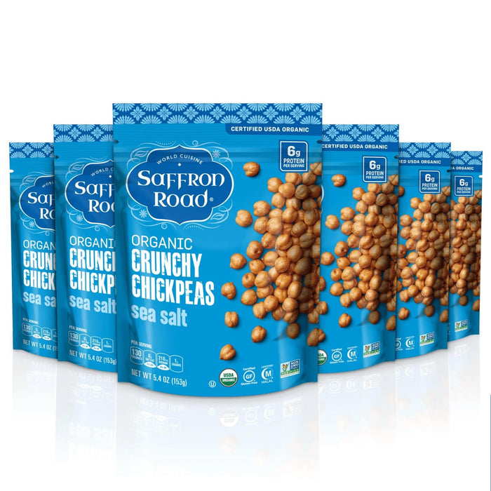 Saffron Road Roasted and Crunchy Sea Salt Chickpeas | High Protein Snacks | Certified Organic, Gluten-free, Vegan, Non-GMO, and Certified Halal and Kosher | 5.4oz Pouch | Pack of 6