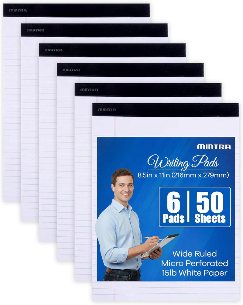 Mintra Office Legal Writing Pads – White Narrow Ruled Paper for Writing & Note-Taking – Ideal Notepads for Business, College, School & Office Use – 8.5" x 11" (6 Pack)
