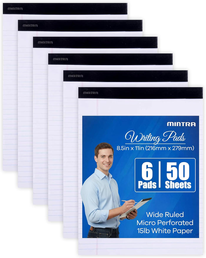 Mintra Office Legal Writing Pads – White Narrow Ruled Paper for Writing & Note-Taking – Ideal Notepads for Business, College, School & Office Use – 8.5" x 11" (6 Pack)