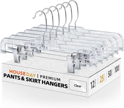 HOUSE DAY Clear Skirt Hangers with Clips 25 Pack, Non-Slip Pants Hangers for Closet, Clip Hanger for Pants, Skirts, Shorts, Troubles, 14'' Clear Plastic Hanger with 360 Swivel Hook