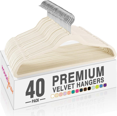 HOUSE DAY Ivory Velvet Hangers 40 Pack, Non Slip Clothes Felt Hanger Heavy Duty for Coat, Premium Slim Space Saving Suit Hangers for Closet Organizer, 360° Rotating Silver Hook