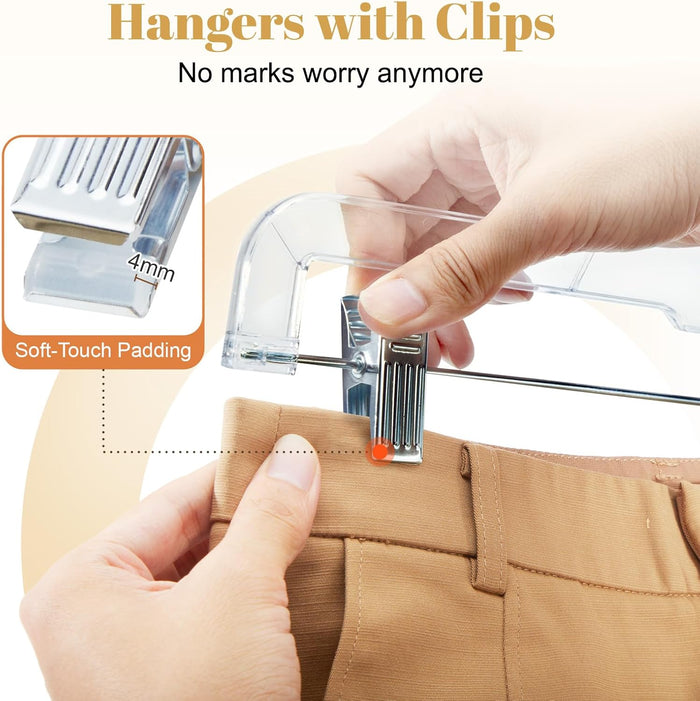 HOUSE DAY Clear Skirt Hangers with Clips 25 Pack, Non-Slip Pants Hangers for Closet, Clip Hanger for Pants, Skirts, Shorts, Troubles, 14'' Clear Plastic Hanger with 360 Swivel Hook