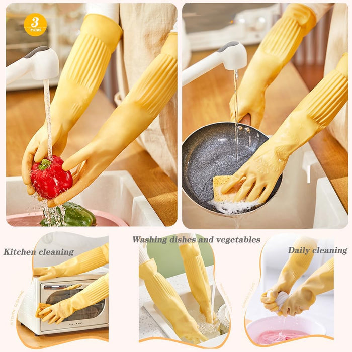 6 - Pair 17.8 - Inch Elbow - Length Reusable Rubber Waterproof Household Cleaning and Kitchen Dishwashing Gloves - Small Size