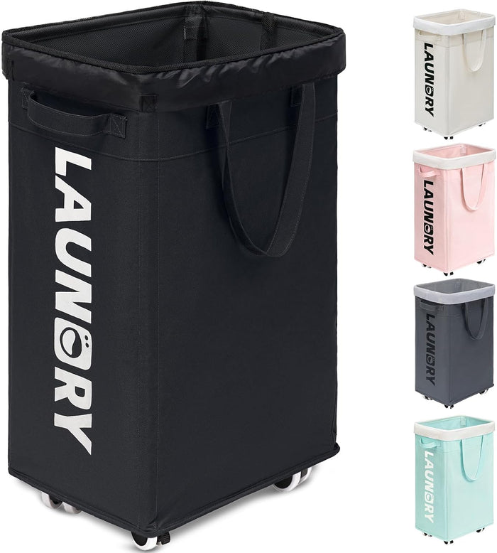 Goodpick Pink Laundry Baskets with Wheels 2-Pack, 75L Rolling Laundry Basket with Removable Wash Bags, Large Laundry Hamper for Corner Dorm, Collapsible Laundry Basket on Wheels