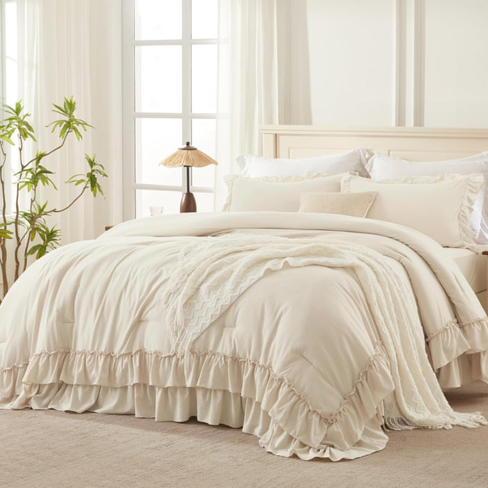 Andency White Comforter Set Queen Size, Lightweight Fluffy Farmhouse White Ruffle Bedding Set, Soft Microfiber All Season Shabby Chic Bed Comforter Set 3 Pieces(1 Ruffle Comforter 2 Pillowcases)