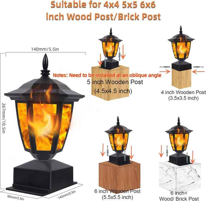 Dynaming Solar Flame Post Lights, Fence Post Cap Lights, LED Lantern, Fit 4x4, 5x5 or 6x6 Wooden Posts