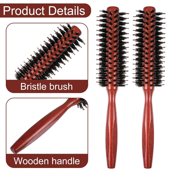 2 Pack Small Round Hair Brush Boar Bristle Roller Hairbrush Wooden Handle Volumizing Hair Brush for Blow Drying Short Thin Fine Hairs Styling Women Curling Bangs Men Beard Travel Household