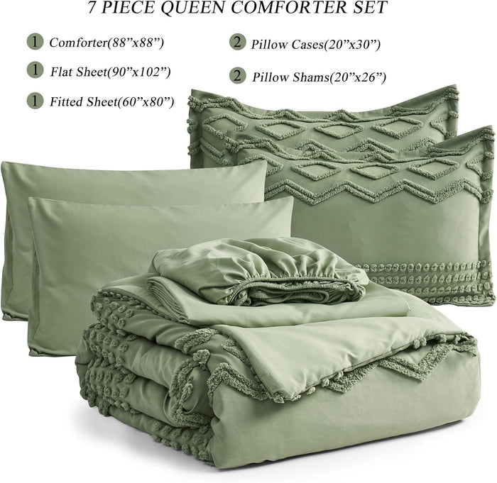 Sage Green Tufted Comforter Set Queen Size 7 Piece Bed in a Bag, Shabby Chic Boho Comforter and Sheet Set, Pom Pom Textured Bed Set, All Season Soft Microfiber Complete Bedding Set(Green,Queen)