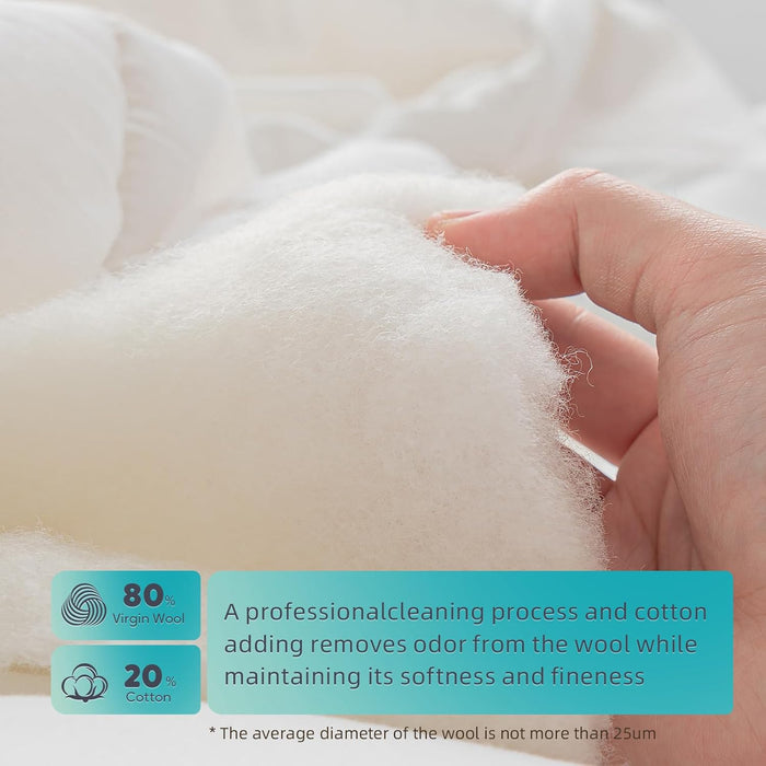 Duvet Insert 100% Cotton Comforter Shell Summer Lightweight, Australian Wool Cotton Filling, Noiseless Temperature Regulation Breathable Comfortable Wool Bedding for Luxurious Sleep Queen Size
