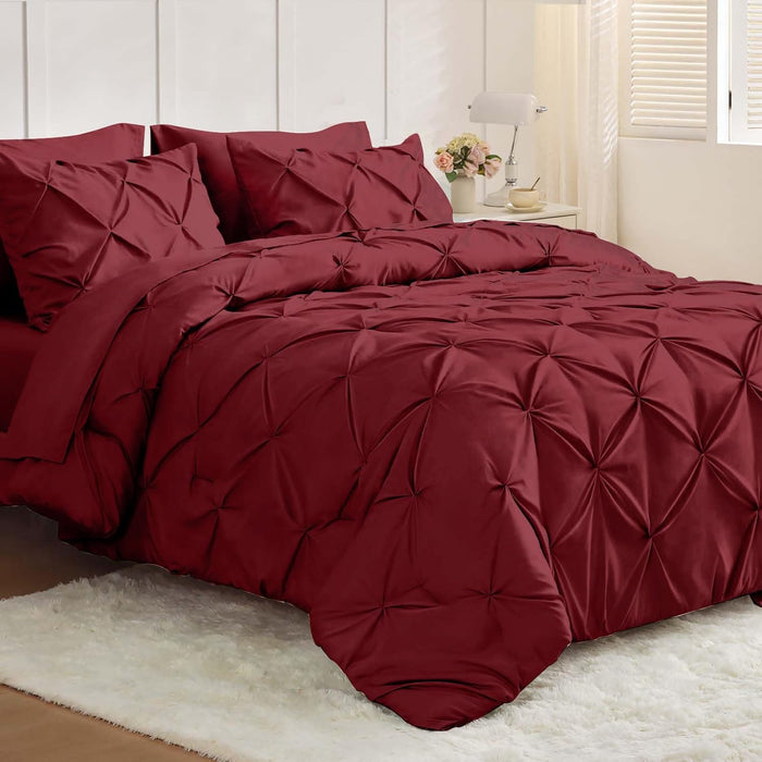 JOLLYVOGUE Queen Comforter Set 7 Pieces - Bed in a Bag Queen for All Season, Pintuck Bedding Comforter Sets with Comforter, Flat Sheet, Fitted Sheet and Pillowcases & Shams, Beige