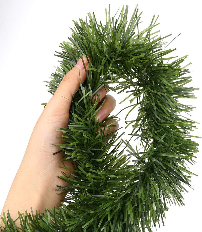 50 Feet Green Tinsel Artificial Pine Decorative Greenery Tinsel Stems Non-Lit Soft Twist Garland 12 Inch x 2Inch for Holiday Season Outdoor Indoor Party Decorations