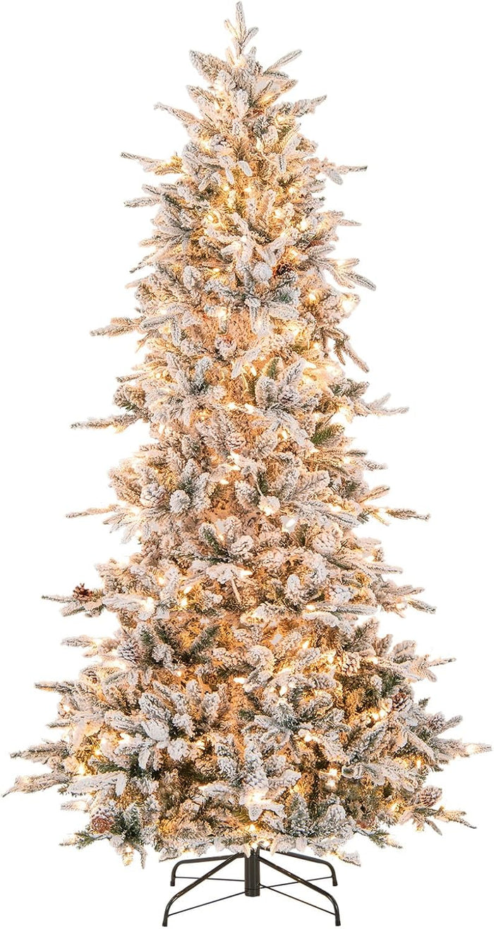 Goplus 7.5 FT Pre-Lit Artificial Christmas Tree, Snow Flocked Hinged Xmas Tree with 470 Warm-White LED Lights, 1135 Tips, 81 Pine Cones, Lighted Xmas Tree for Office Home Decoration