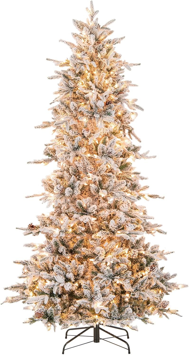 Goplus 7.5 FT Pre-Lit Artificial Christmas Tree, Snow Flocked Hinged Xmas Tree with 470 Warm-White LED Lights, 1135 Tips, 81 Pine Cones, Lighted Xmas Tree for Office Home Decoration