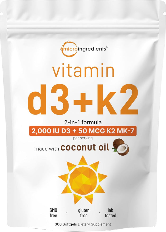 Micro Ingredients Vitamin D3 10,000 IU + K2 MK-7 200 mcg, 300 Softgels | Virgin Coconut Oil | 2-in-1 Bone, Immune & Heart Support | Easy to Swallow, Non-GMO