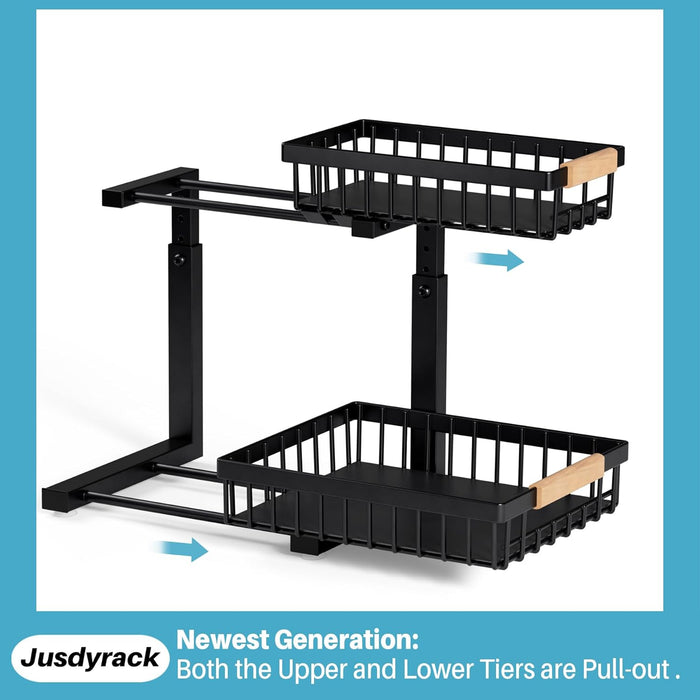 Under Sink Organizers and Storage,2 Packs 2 Tier Sliding Pull Out Cabinet Storage Shelf, Metal Drawer for Kitchen Bathroom Cabinet, Under Sink Organizer Organization Rack, Rust-Resistant Black