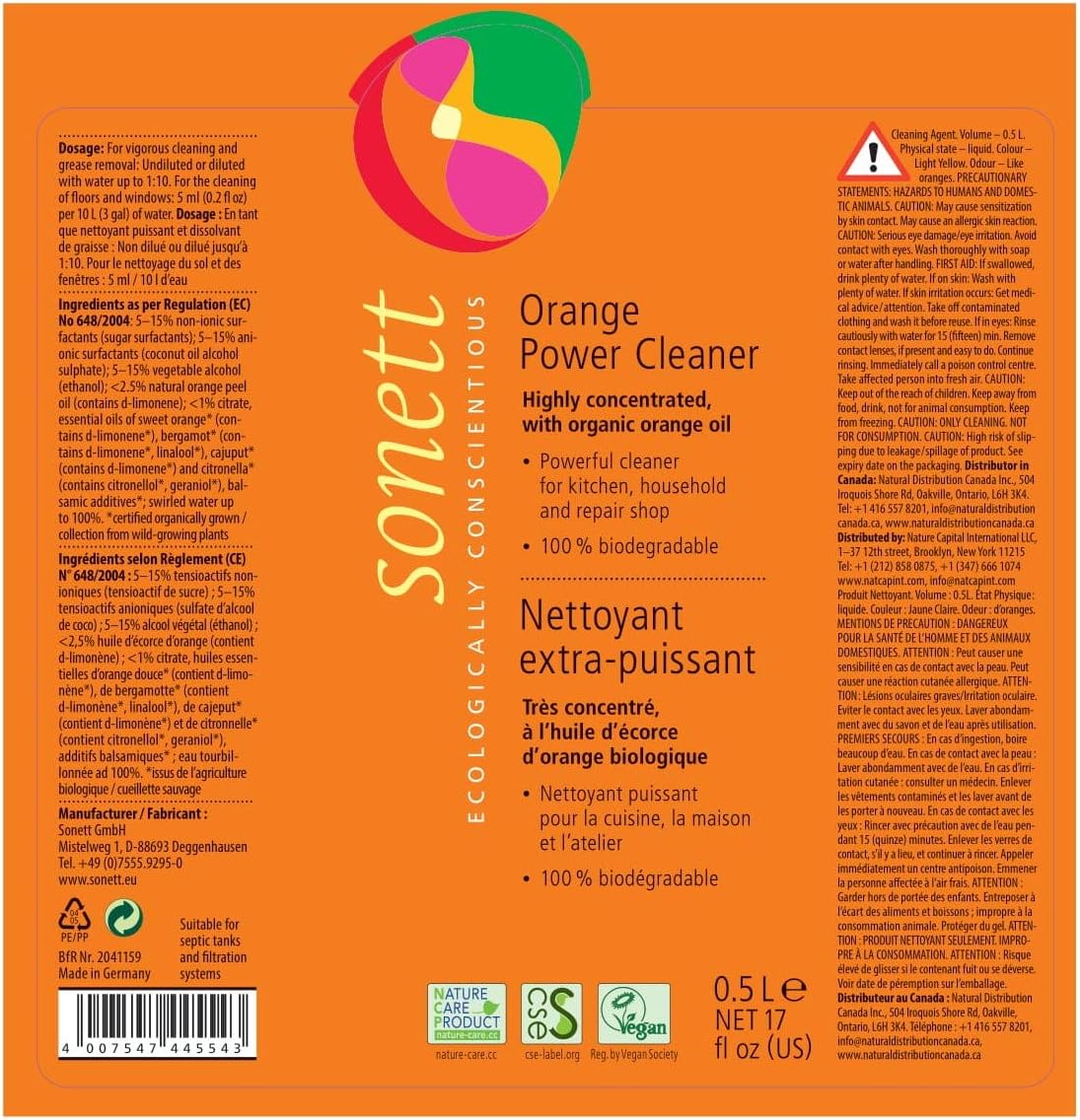 Sonett Organic Universal Orange Powerful Cleaner For Kitchen, House Hold And Repair Shop Very Gentle To Your Skin (1 Count) Certified Organically Grown