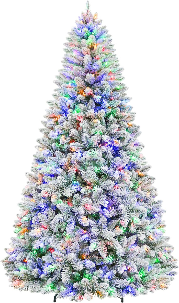 Hykolity 7.5 ft Snow Flocked Christmas Tree, Artificial Christmas Tree with 450 Warm White Lights, 1446 Tips, Metal Stand and Hinged Branches