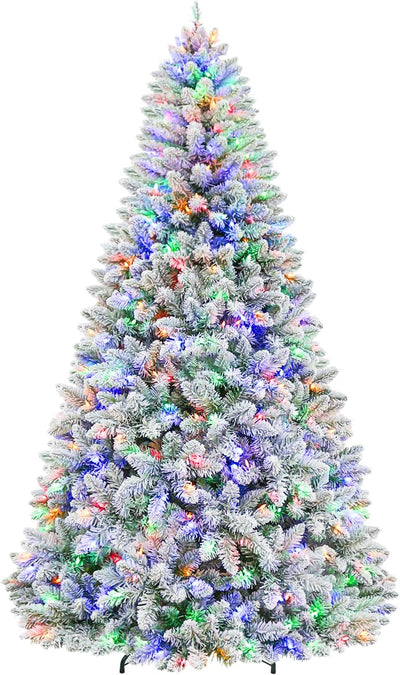 Hykolity 6 ft Prelit Snow Flocked Christmas Tree, 250 Color-Changing LED Lights, 1032 Hinged Branch Tips, 10 Colors, Full Snowy Appearance, Easy Assembly, Metal Stand