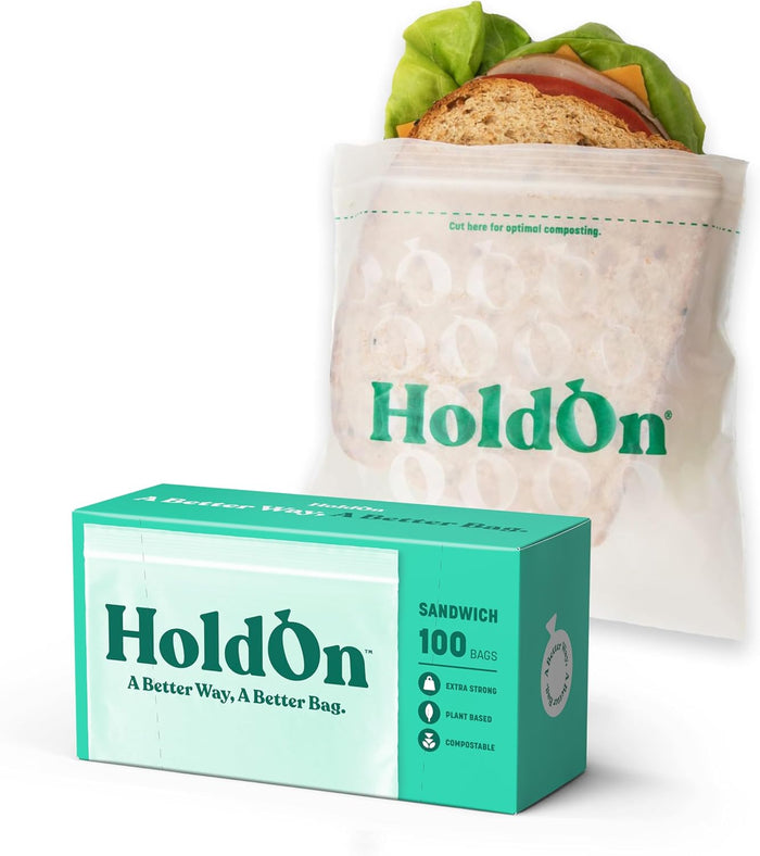 HoldOn HoldOn Zipseal Gallon Bags - Compostable, PFOA-Free, BPA-Free, Food-Safe Zip Seal Food Storage Bags/Freezer-Safe Gallon Bags With Secure Seal for Home & Travel (2-pack, 50 bags total)