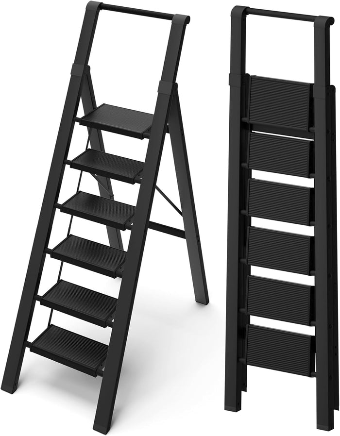6 Step Ladder, Lightweight Folding Step Stool with Convenient Handgrip,Aluminum 330lbs Capacity Step Ladder for Office,Household,Kitchen(Black)