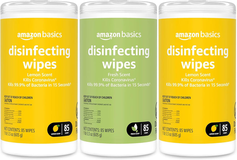 Amazon Basics Disinfecting Wipes, Lemon & Fresh Scent, Sanitizes/Cleans/Disinfects/Deodorizes, 340 Count (4 Packs of 85)