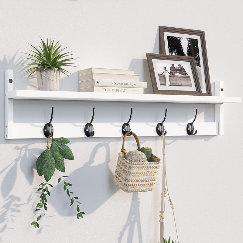 BAMEOS Wall-Mounted Shelf with Hooks - 28.9 Inch Entryway Hanging Shelf with 5 Dual Hooks for Bathroom, Living Room, Bedroom (Black)