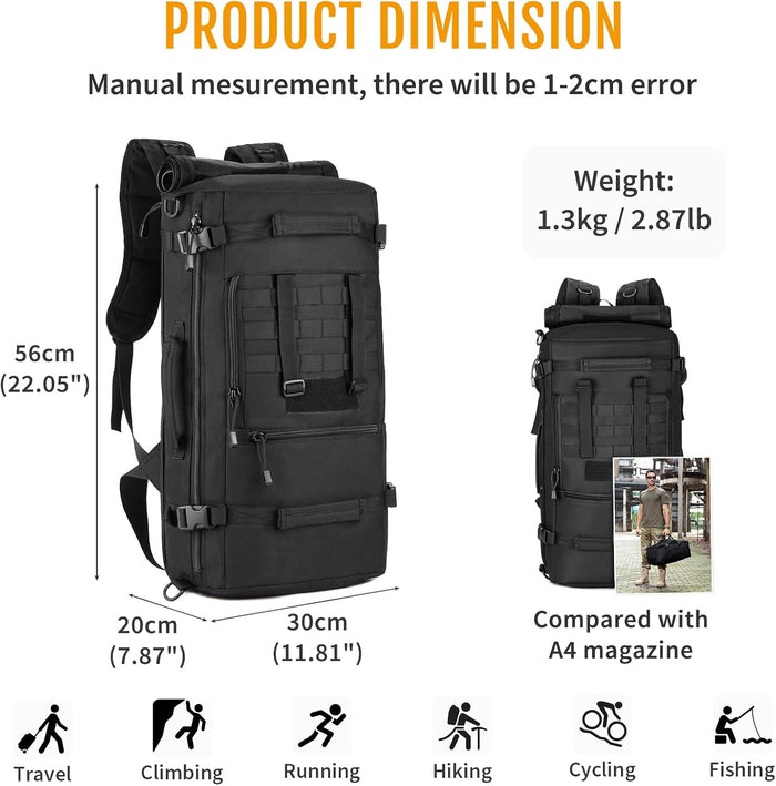 HUNTVP 50L 3 Way Tactical Backpack Military MOLLE Assault Backpack Modular WR Bag