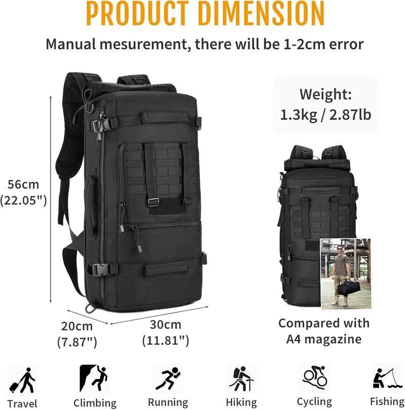 HUNTVP 50L 3 Way Tactical Backpack Military MOLLE Assault Backpack Modular WR Bag