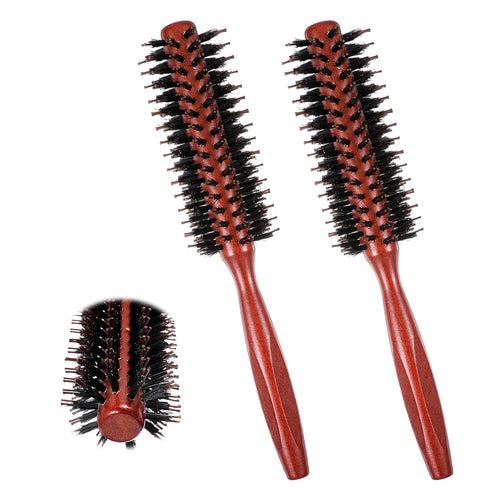 2 Pack Small Round Hair Brush Boar Bristle Roller Hairbrush Wooden Handle Volumizing Hair Brush for Blow Drying Short Thin Fine Hairs Styling Women Curling Bangs Men Beard Travel Household