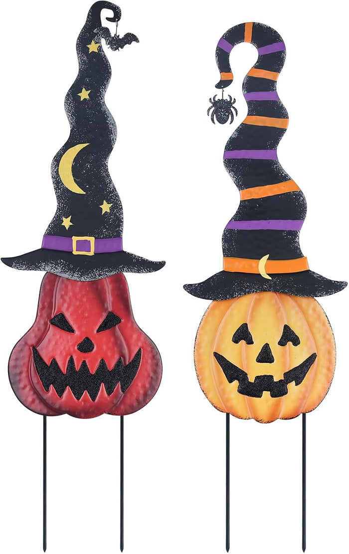 YEAHOME Halloween Decorations Outdoor, 2 Pack Metal Pumpkin Garden Stakes with Witch Hats for Halloween Decor, Jack o' Lantern Pumpkin Yard Signs for Outside Garden Lawn Patio Party Decorations