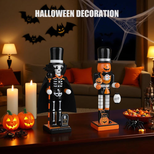 10" Halloween Decorative Nutcrackers, 2 Skeleton, Pumpkin Handmade Wooden Puppet Figures, Collectible Festive Present Figurine Shelves Tables Decorations