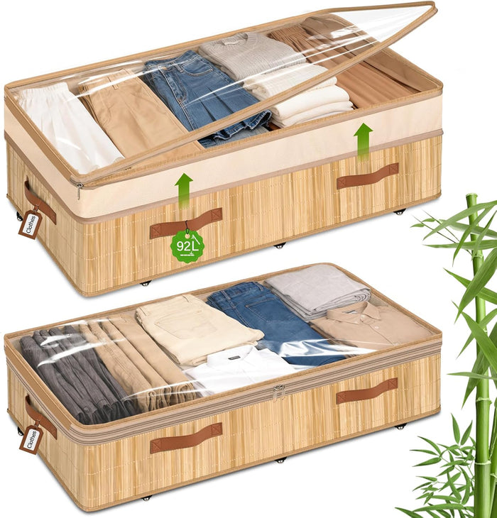 Livole 2 Pack Bamboo Under Bed Storage with Wheels, 6 inches Underbed Storage Containers, 56L XXL Rolling Under Bed Storage Bins with Clear Lid & Label for Clothes, Blankets, Sweater, Shoes