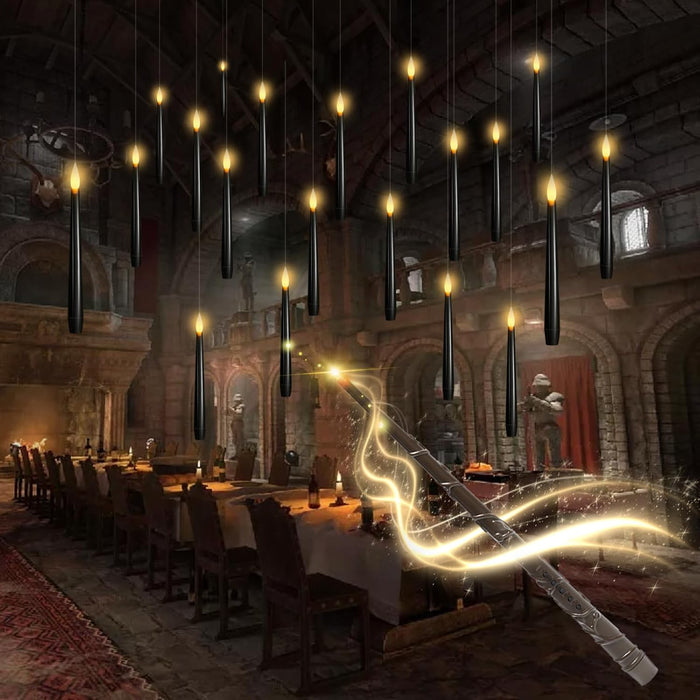 Flameless Floating Candles with Wand，20 Pcs Magic LED Hanging Taper Candles，Flickering Battery Operated Taper Candle with Wand Remote for Halloween Decorations Best Gift（White）